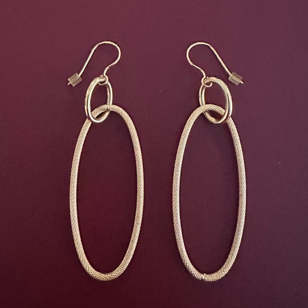 14K Gold Textured Double Hoop Drop Earrings - Women Jewelry